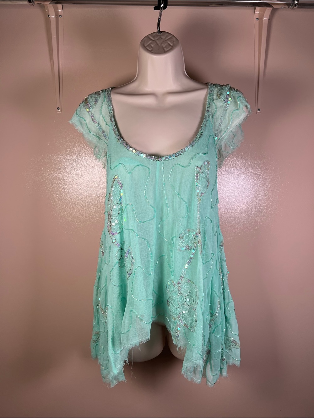 Free People Mint Sequin Beaded Titan’s Treasure Top